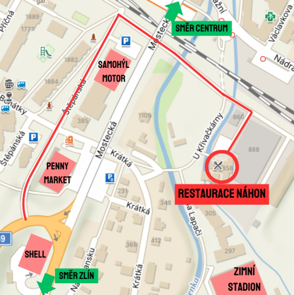 Příjezdová trasa k restauraci Náhon